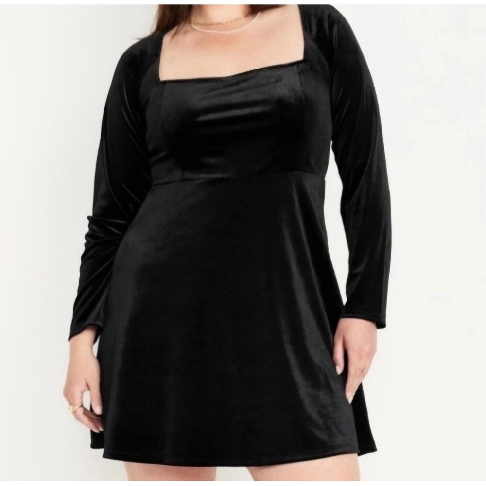 Old Navy Fit and Flare Velvet Mini Dress Black 90s Goth Square Neck NWT Size XXL